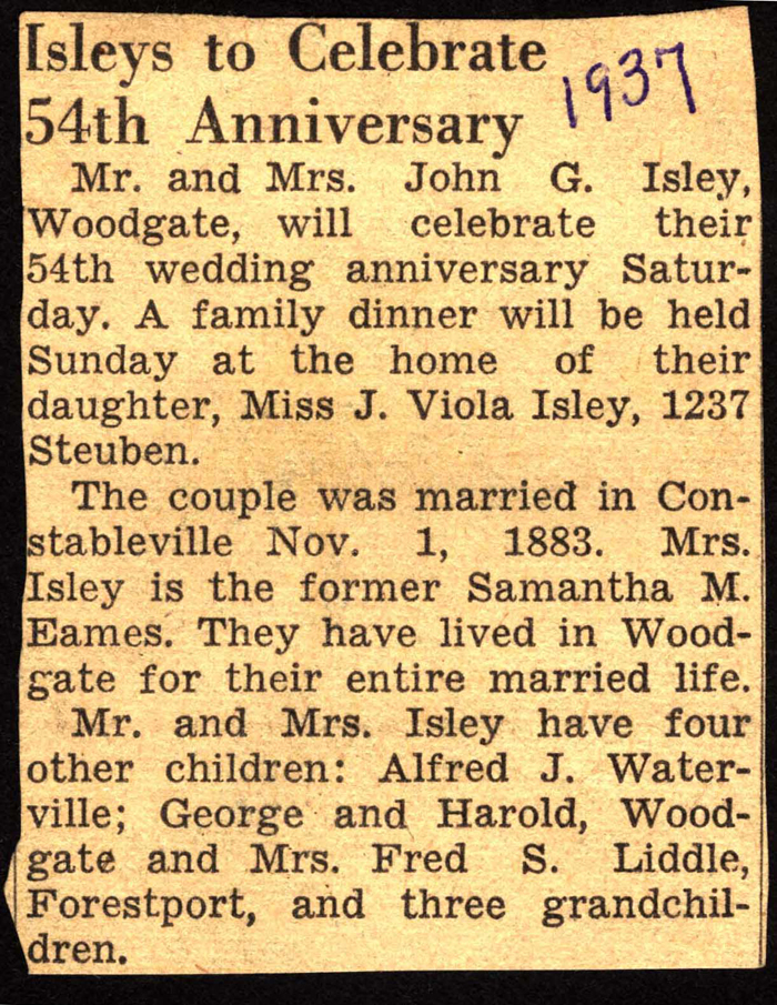 mr and mrs john g isley celebrate 54th wedding anniversary november 1 1937