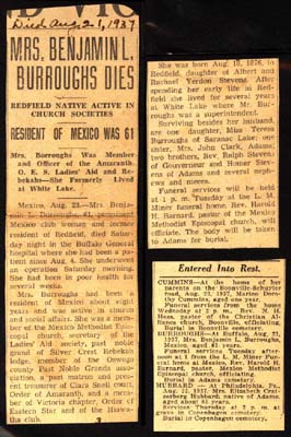 burroughs mrs benjamin l daughter of albert and rachael yerdon stevens obit august 21 1937