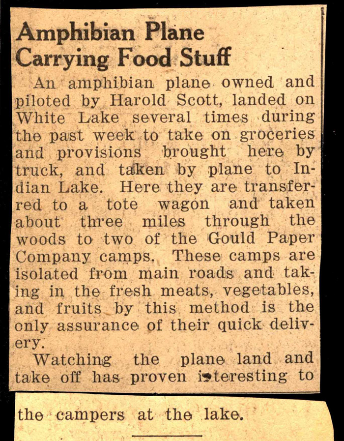 amphibious plane delivers food for gould paper company camps july 1938