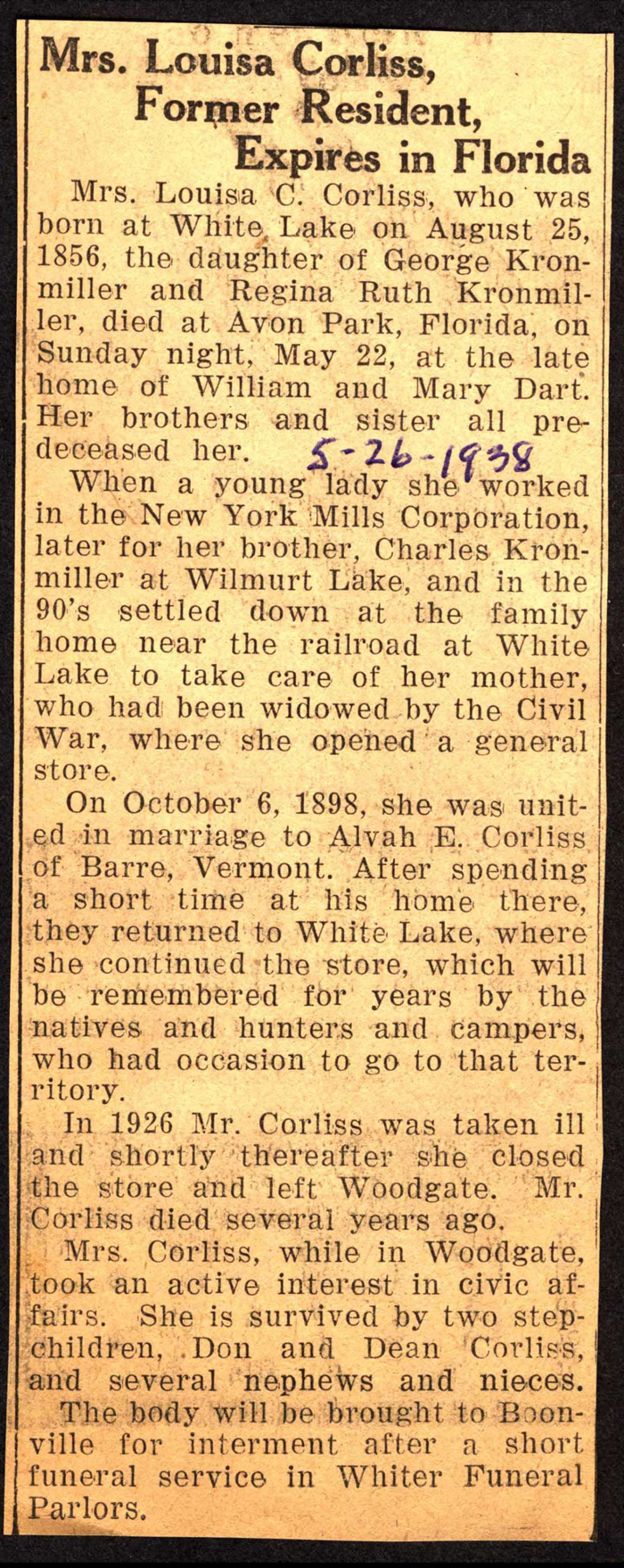 corliss louisa c kronmiller wife of alvah e obit may 22 1938 002