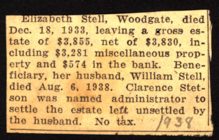 elizabeth and william stell estate settled by clarence stetson 1938