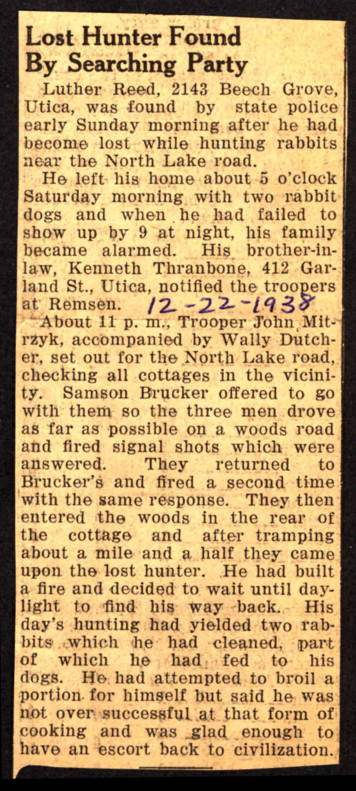 lost hunter luther reed found by searching party december 12 1938 