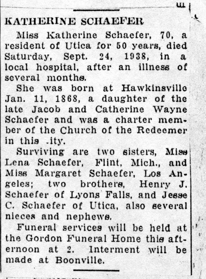 schaefer katherine daughter of jacob and catherine wayne obit september 4 1938
