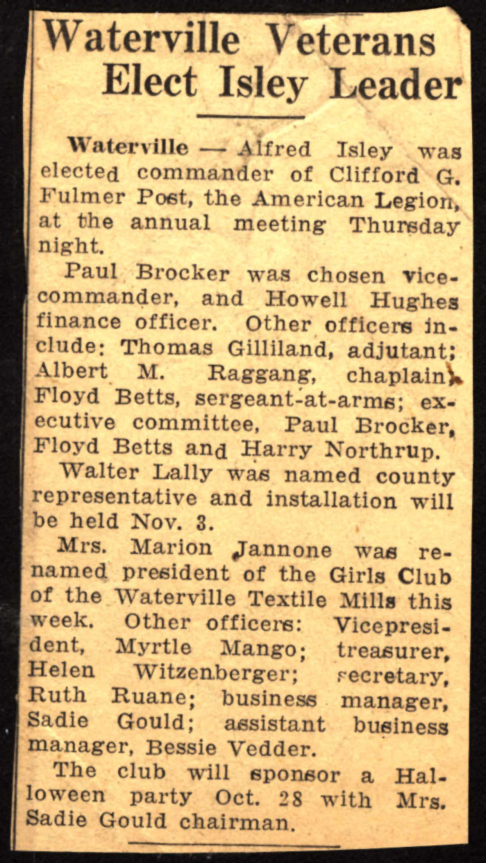 alfred isley elected commander of clifford g fulmer post of american legion 1939