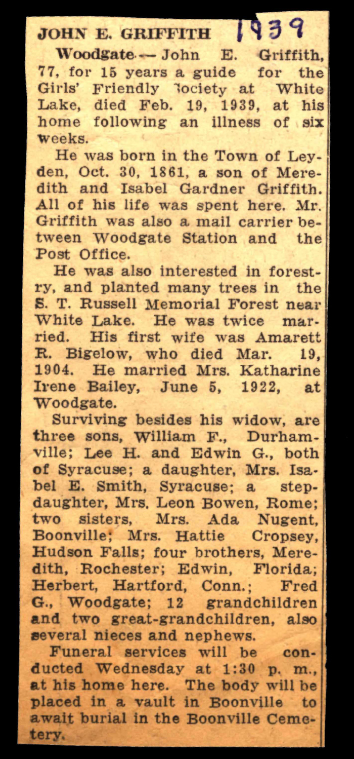 griffith john e husband of amarett r bigelow and katharine irene bailey obit february 19 1939 001