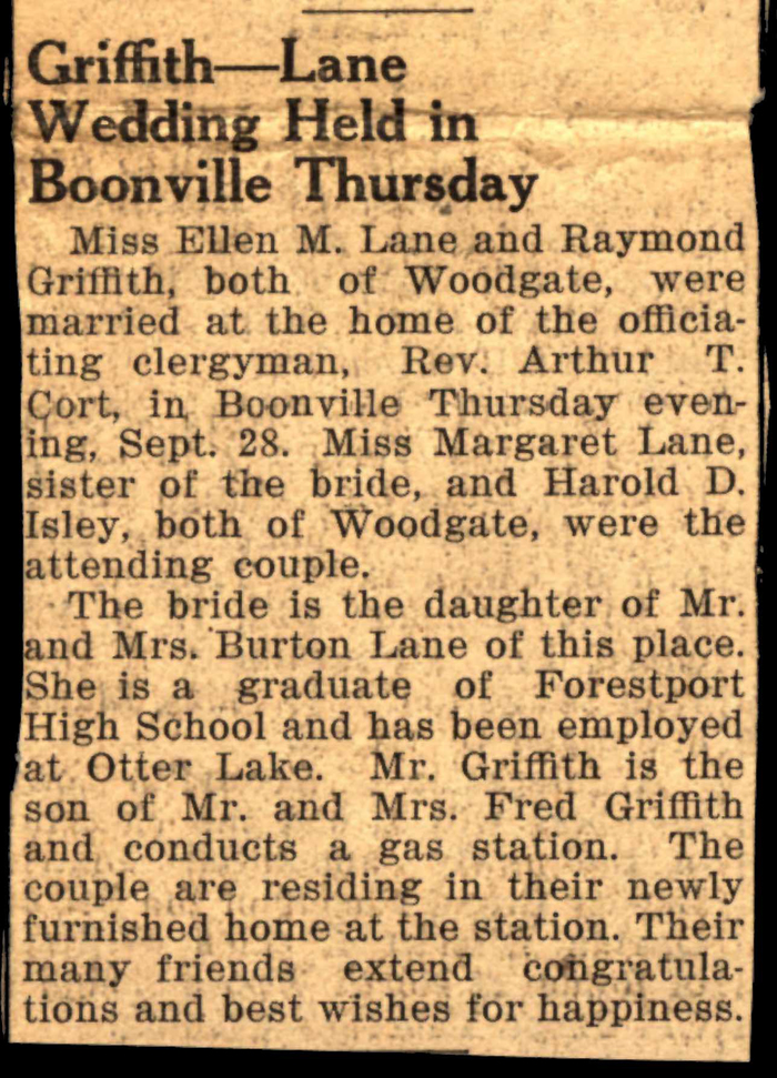 griffith raymond and lane ellen m married september 28 1939