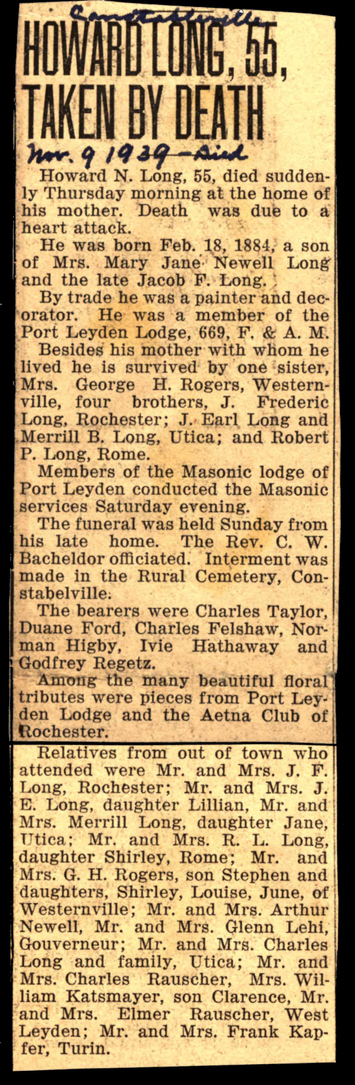 long howard n son of jacob f and jane newell long obit november 9 1939