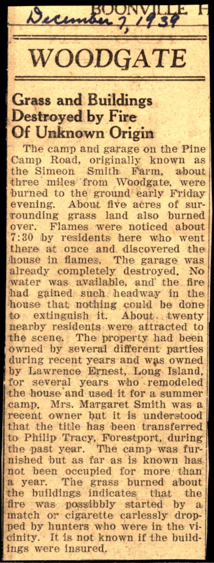 pine camp road simeon smith farm camp and garage destroyed by fire december 1939