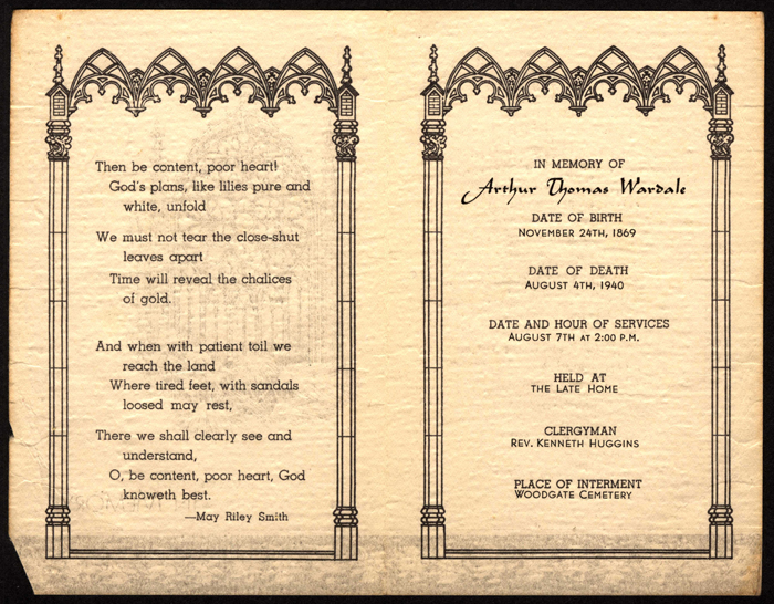 arthur thomas wardale memorial card date of death august 4 1940