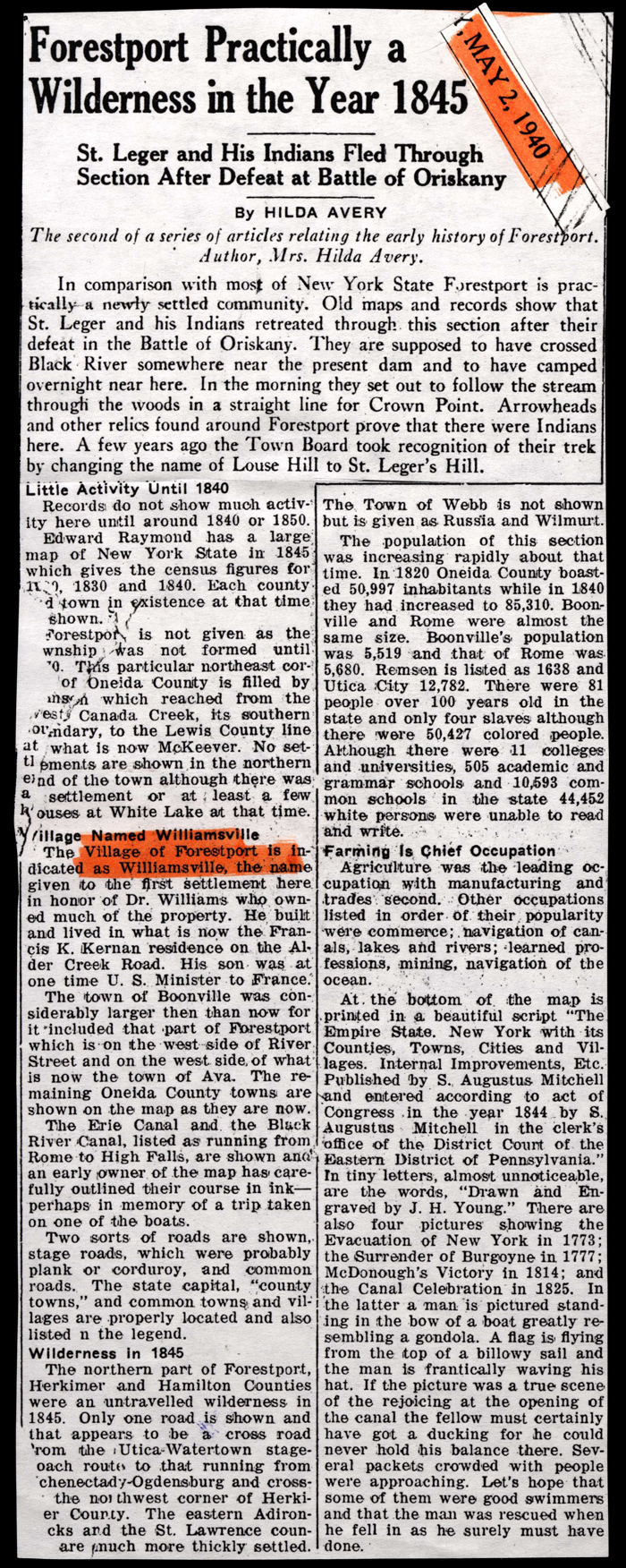 forestport a wilderness in 1845 article dated may 2 1940
