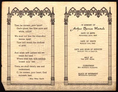 arthur thomas wardale memorial card date of death august 4 1940