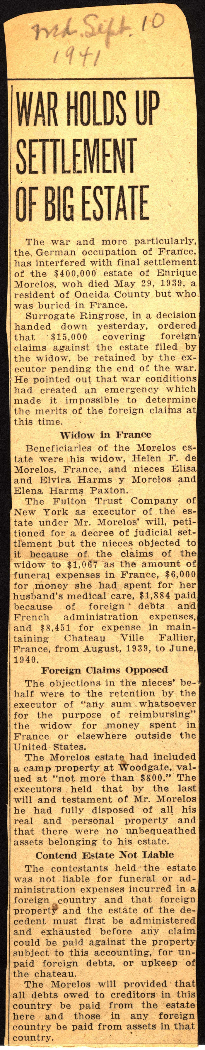 enrique morelos estate settlement held up by war september 10 1941