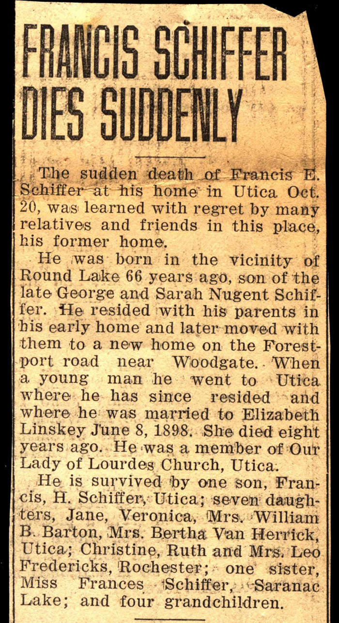 schiffer francis e husband of elizabeth linskey schiffer obit october 20 1941