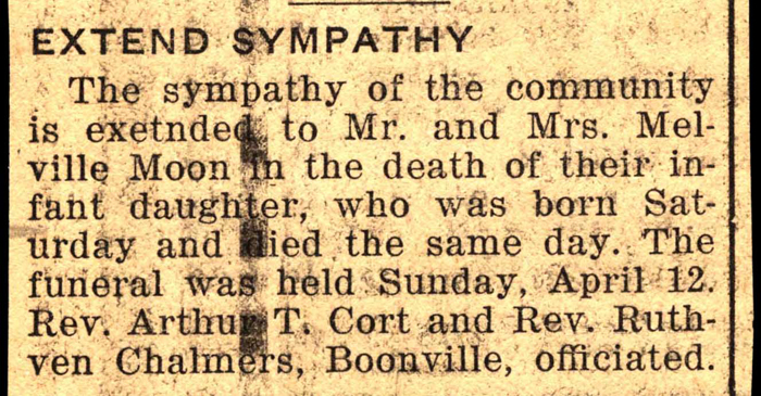 infant daughter of melville moon dies april 12 1942