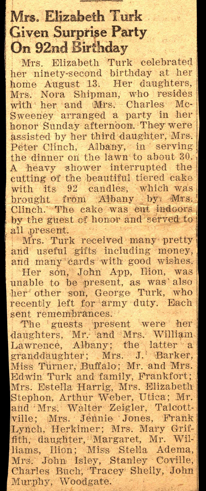 mrs elizabeth turk celebrates 92nd birthday august 13 1942