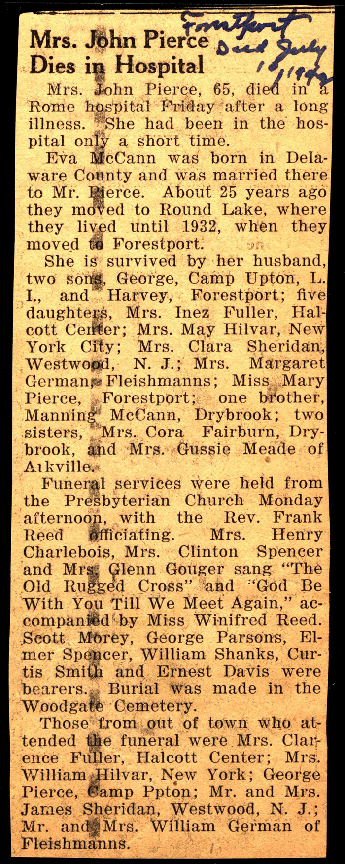 pierce eva mccann wife of john pierce obit july 10 1942