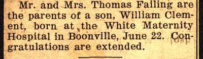 william clement born to mr and mrs thomas failing june 22 1942