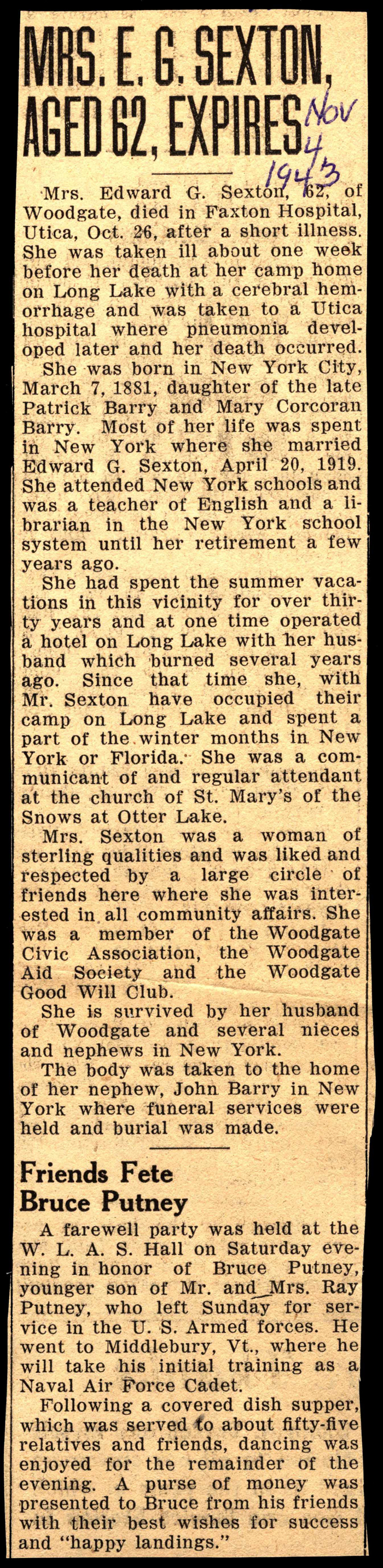 mrs edward g sexton dau of patrick barry and mary corcoran obit october 26 1943