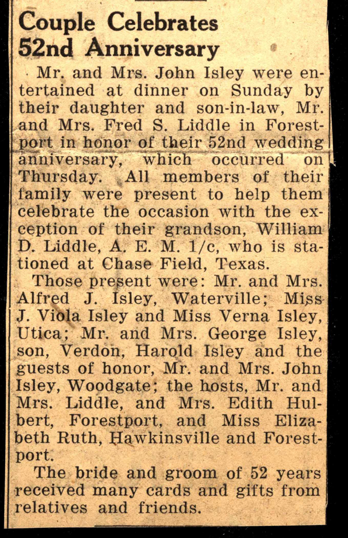 john g isley and samantha m eames isley celebrate 52nd anniversary november 1 1945