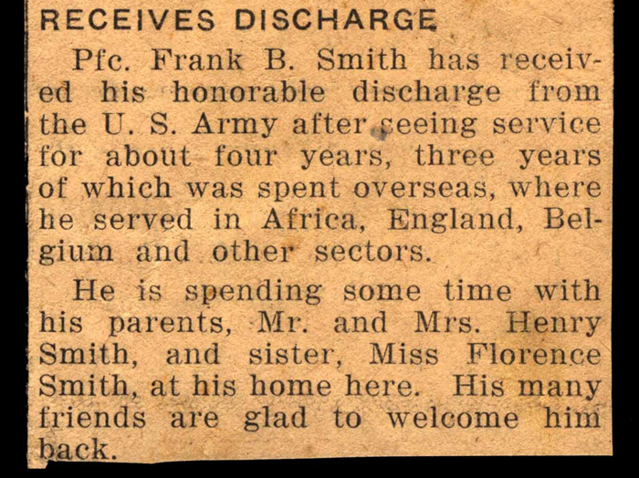 pfc frank b smith receives honorable discharge october 1945