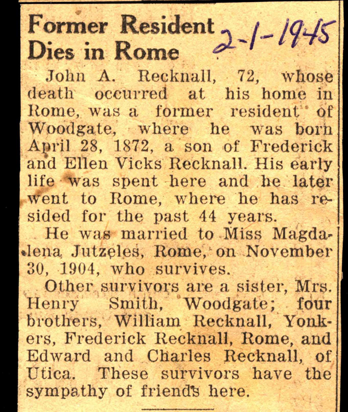 recknall john a husband of magdalena jutzeles obit february 1 1945