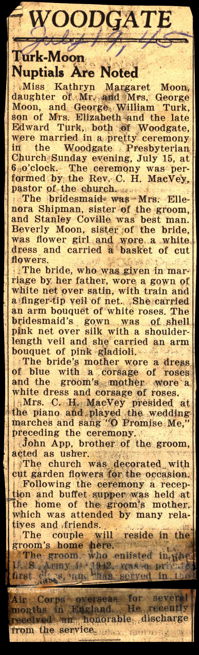 turk george william and moon kathryn margaret married july 19 1945