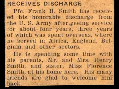 pfc frank b smith receives honorable discharge october 1945