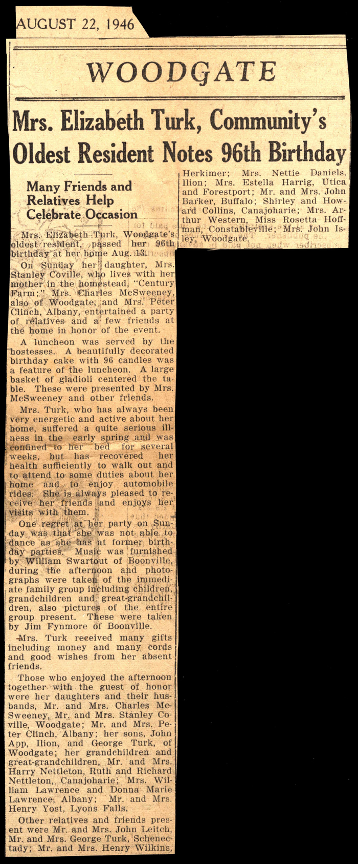 elizabeth turk celebrates 96th birthday august 13 1946