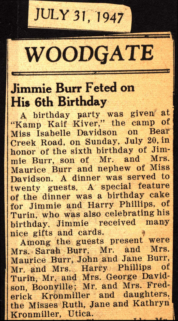 burr jimmie son of mr and mrs maurice burr celebrates 6th birthday july 20 1947
