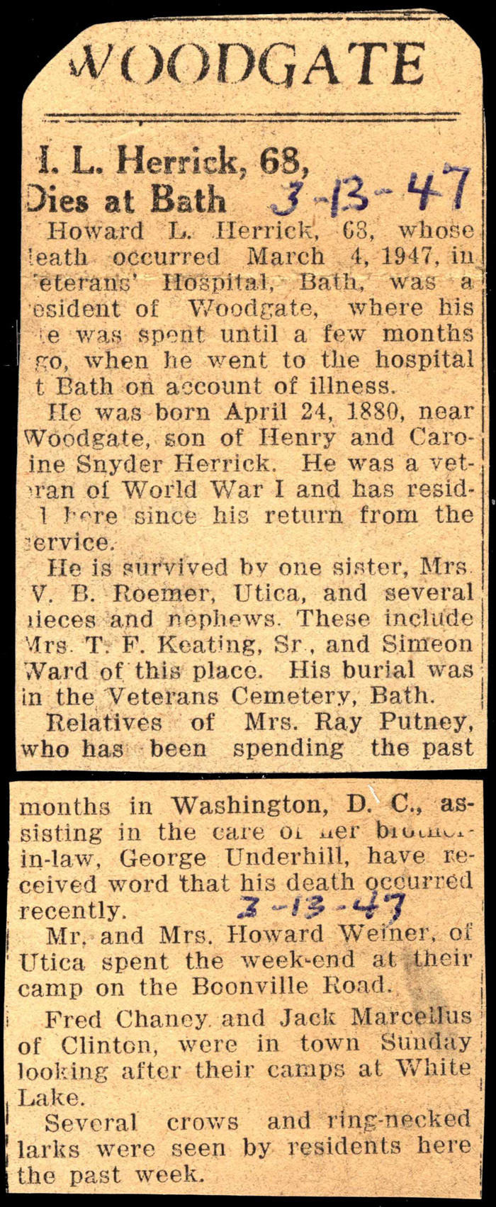 herrick howard l son of henry and caroline snyder herrick obit march 4 1947