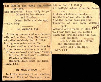 memoriam articles for may mcsweeney and elizabeth turk 1947