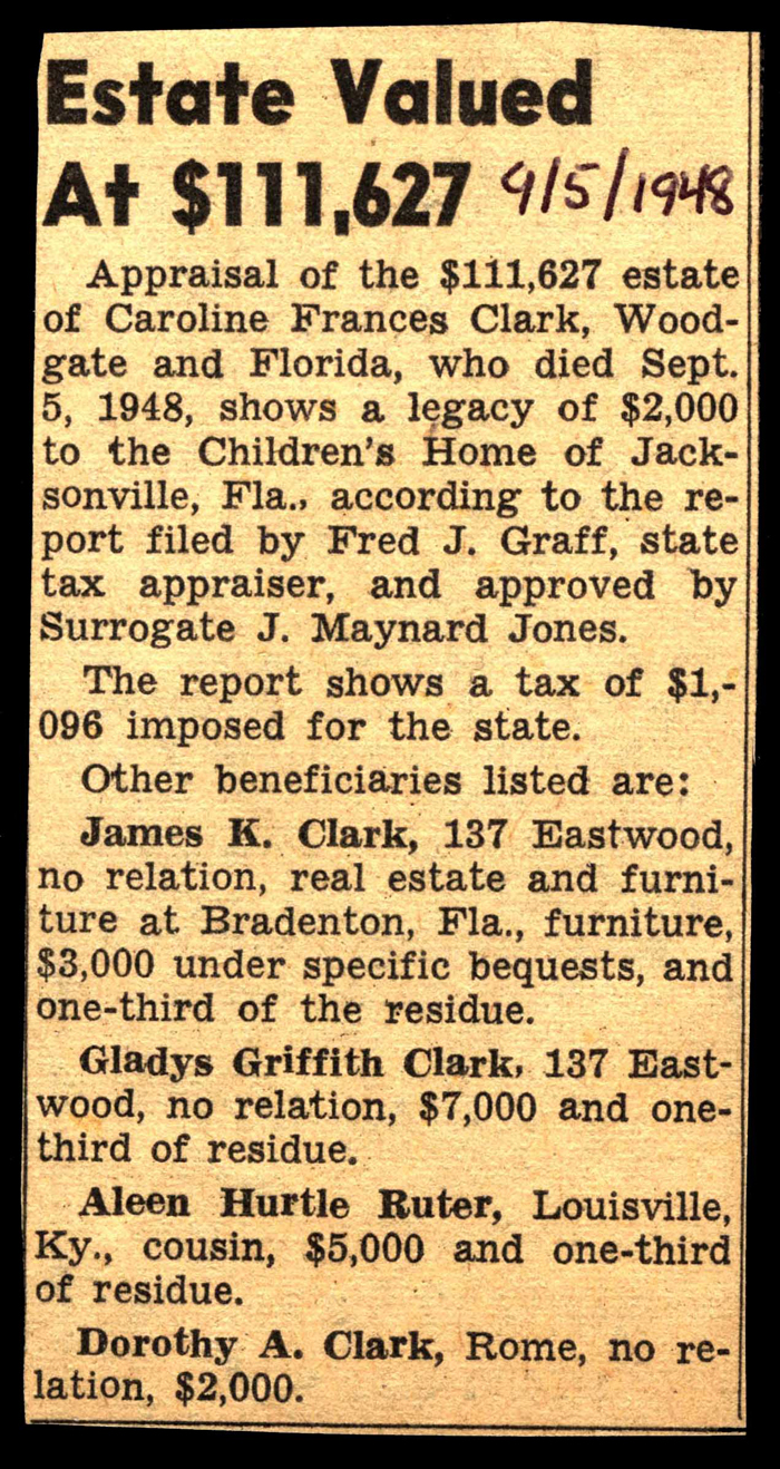 estate of caroline frances clark valued at over 111000 dollars september 5 1948