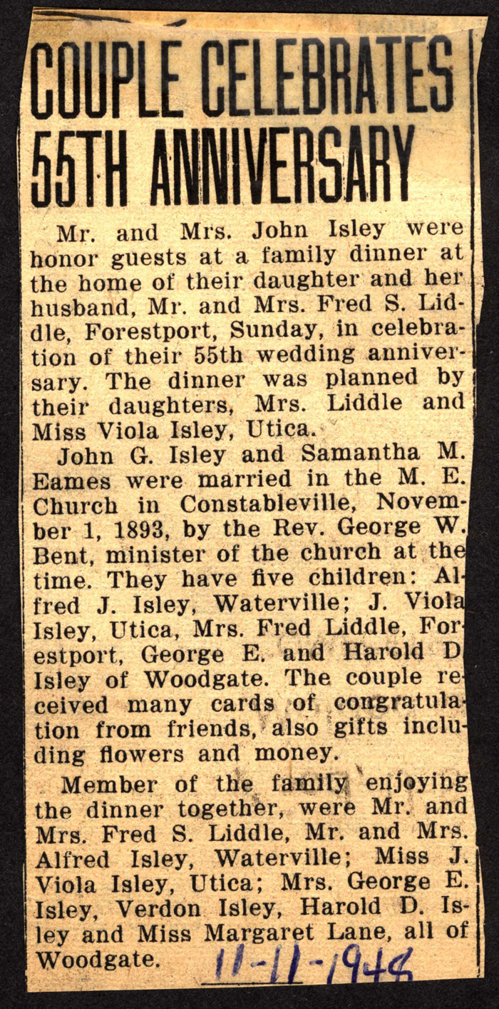 john g isley and samantha m eames isley celebrate 55th anniversary november 1 1948