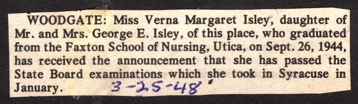 verna margaret isley passes state board exams for nursing march 25 1948