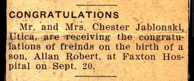 jablonski allan robert born to mr and mrs chester jablonski september 20 1948