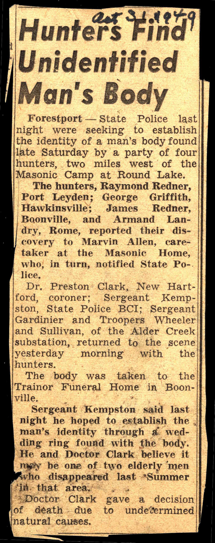 hunters redner griffith and landry find unidentified mans body 1949