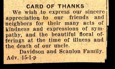 davidson and scanlon family thank friends for support during death of beloved uncle 1949