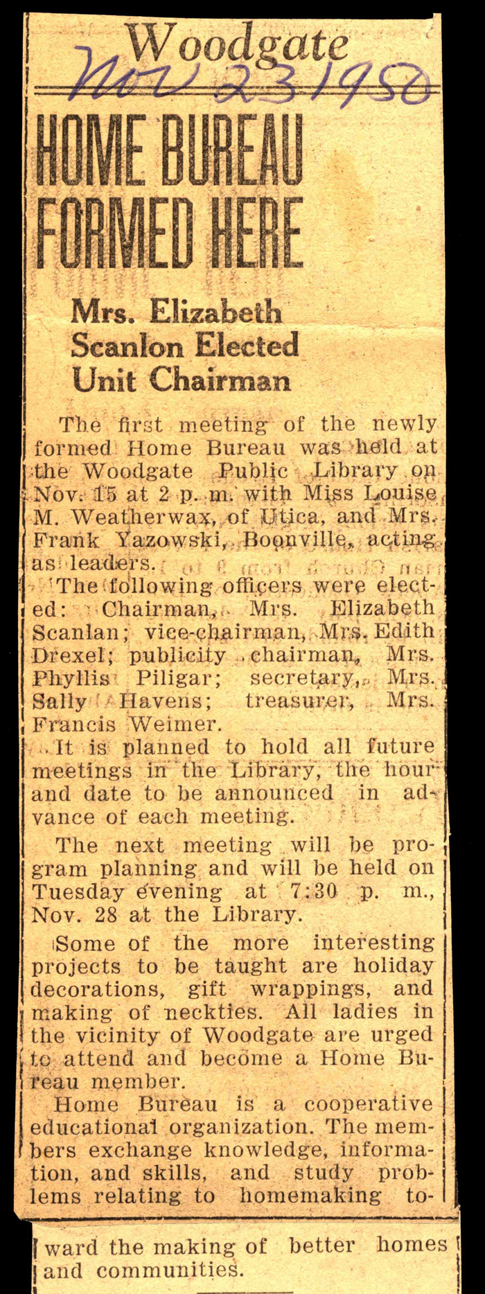 elizabeth scanlon elected unit chairman of newly formed home bureau november 15 1950