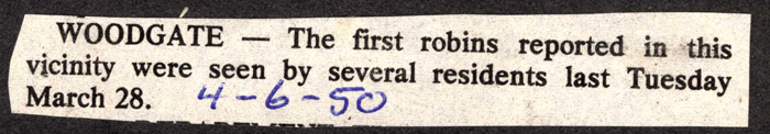 first robins of year woodgate april 6 1950