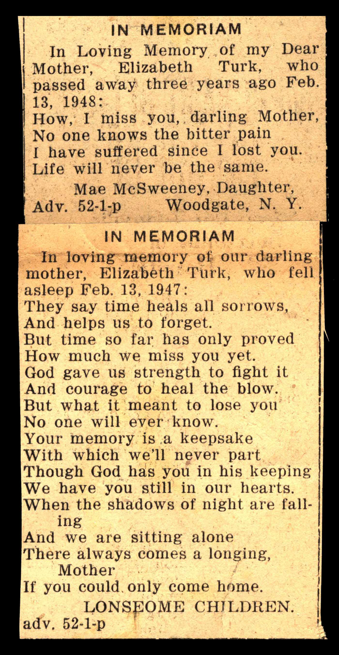 in memoriam elizabeth turk died february 13 1947