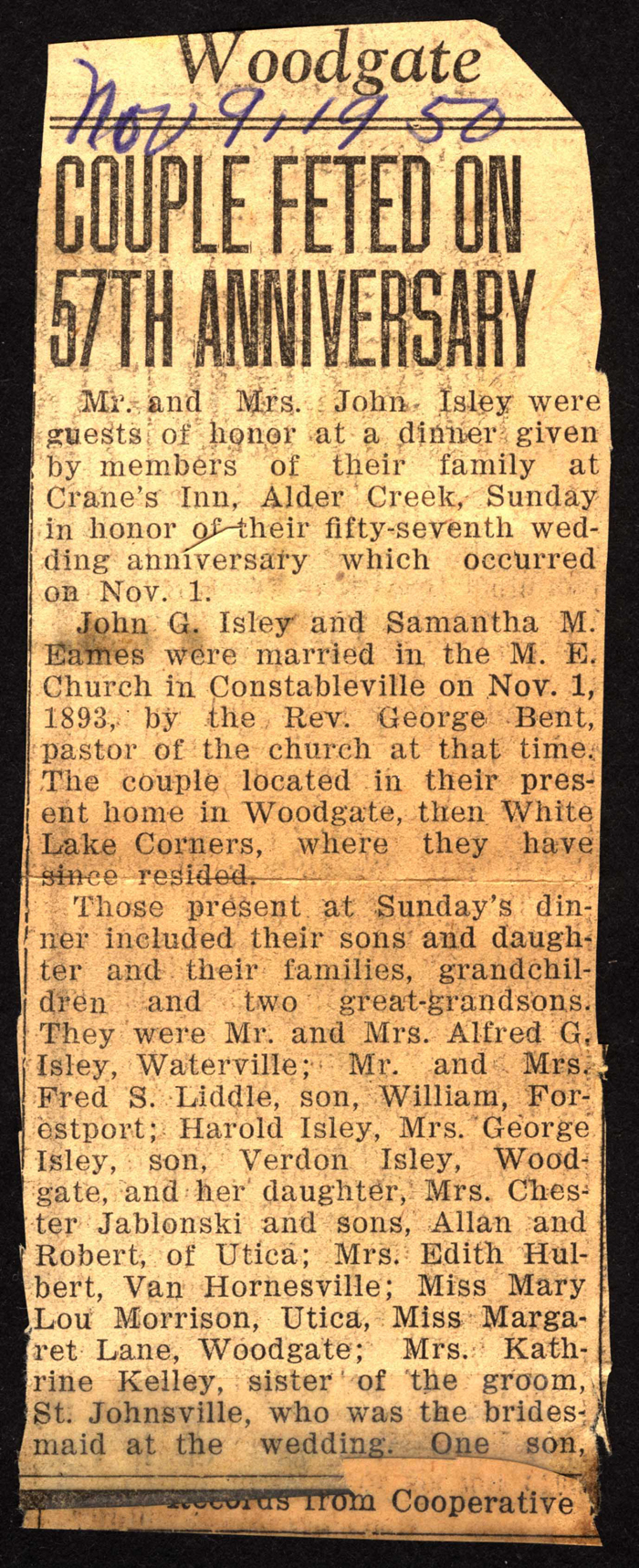 john g isley and samantha m eames isley celebrate 57th anniversary november 1 1950