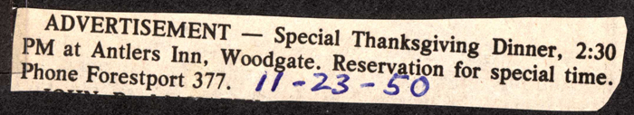 thanksgiving dinner antlers inn woodgate november 23 1950