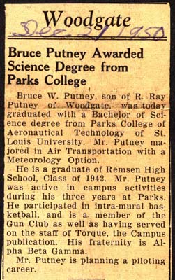 bruce putney awarded science degree from parks college december 1950