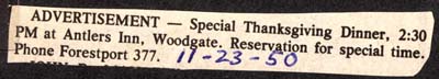 thanksgiving dinner antlers inn woodgate november 23 1950