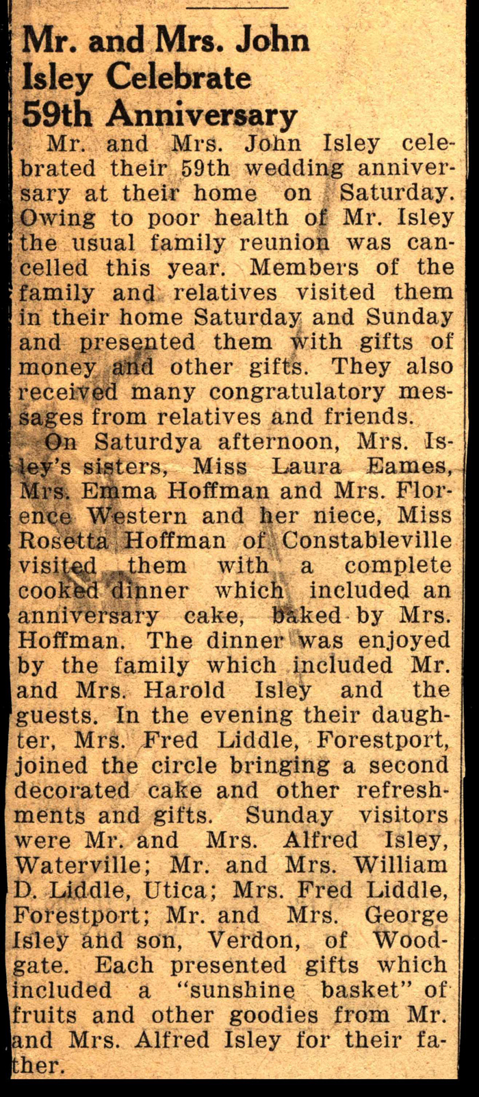 john g isley and samantha m eames isley celebrate 59th anniversary november 1 1952