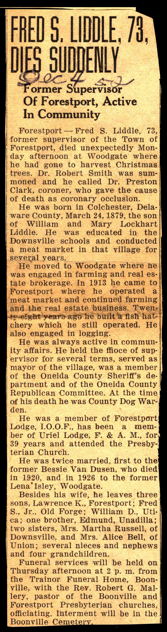 liddle fred s husband of bessie van dusen and lena isley obit december 1 1952 001