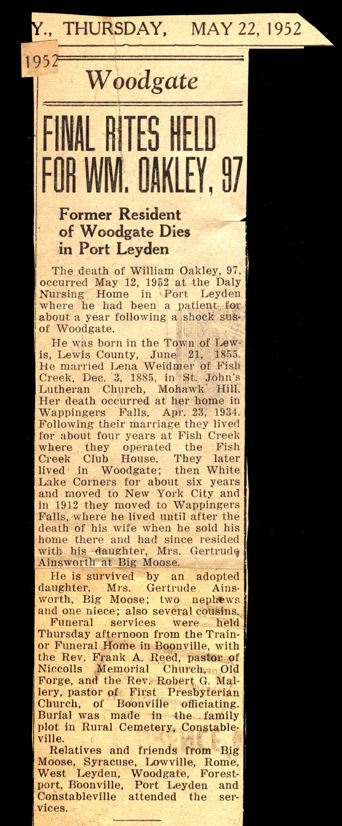oakley william husband of lena weidmer oakley obit may 12 1952