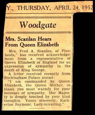 mrs fred a scanlan receives letter of thanks from rep of queen elizaberth 1952