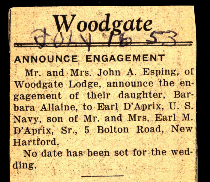 barbara allaine esping engaged to earl daprix july 1953