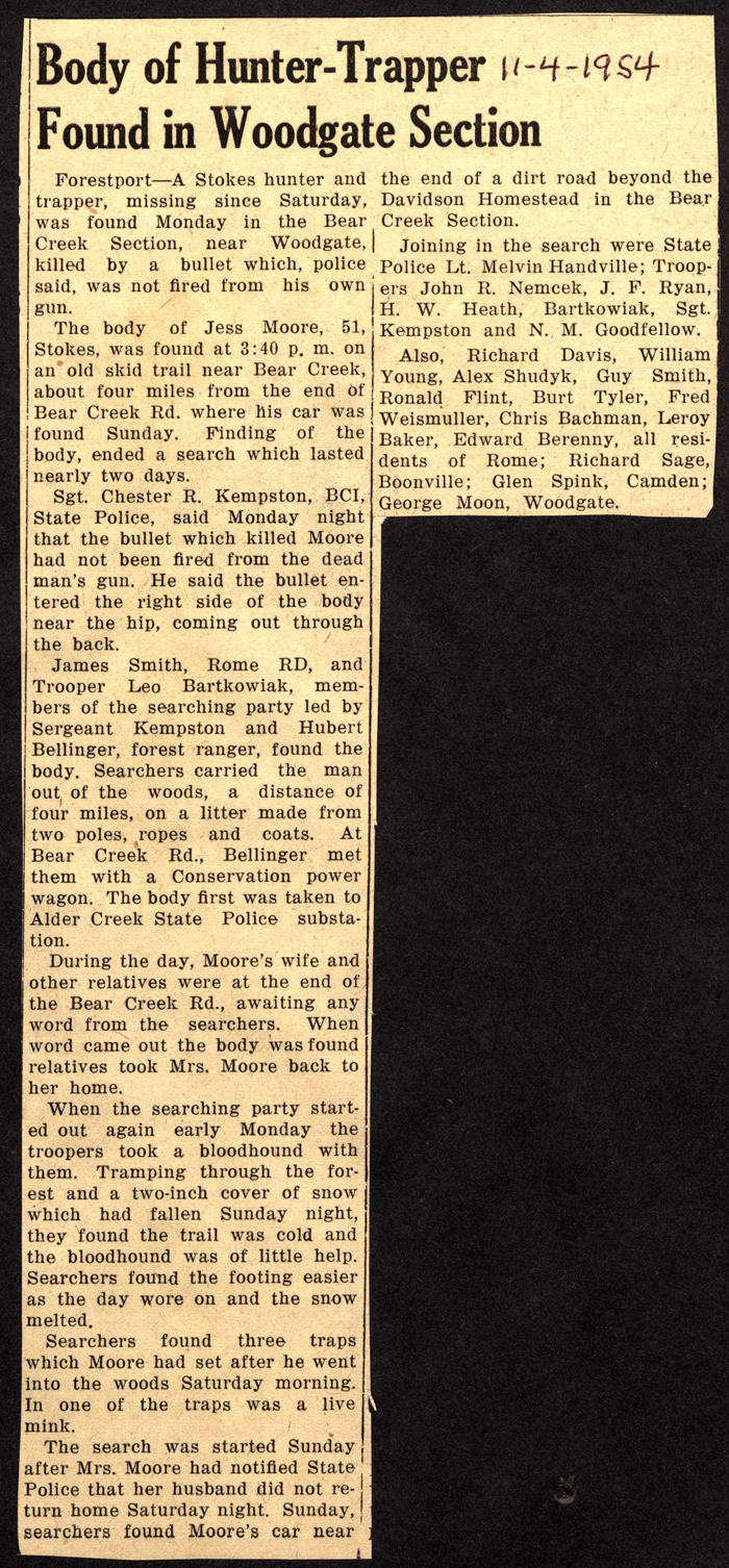 body of hunter trapper jess moore found in woodgate november 4 1954